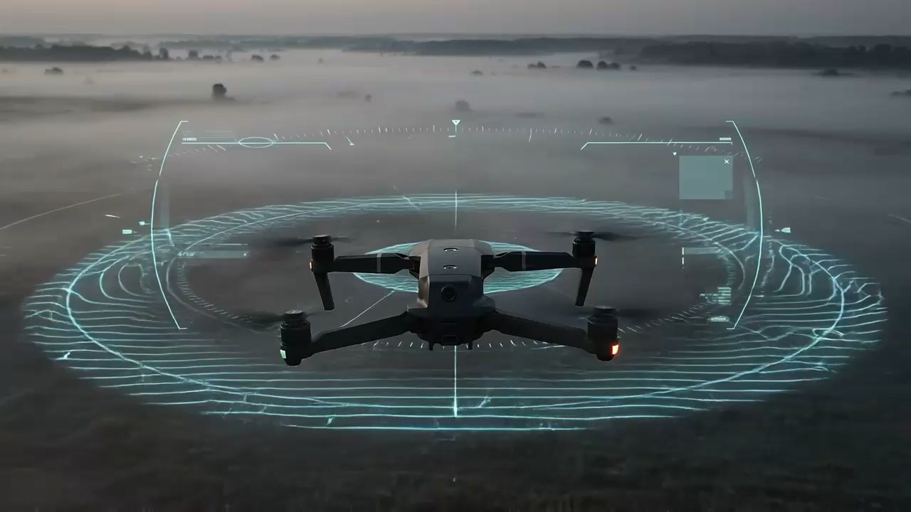 A drone above a misty field with a scanning overlay marking the surveyed area